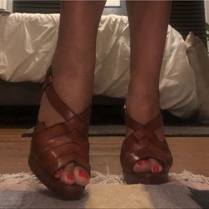 Brown, peep toe pumps